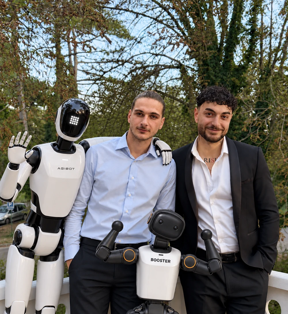 L’équipe Andropick™ aux côtés de deux robots humanoïdes AGIBOT et Booster