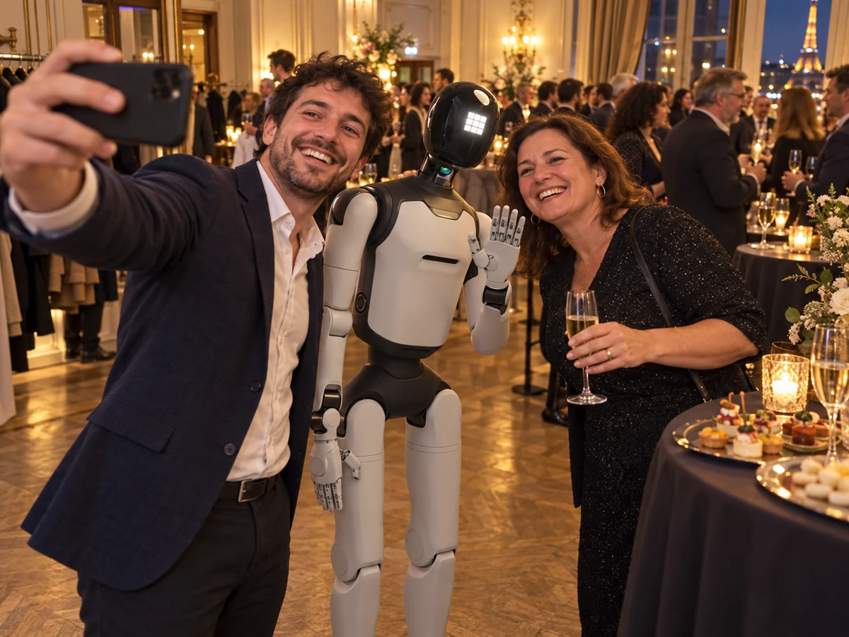 Illustration de l’AGIBOT A3 Ultra avec des invités lors d’un cocktail