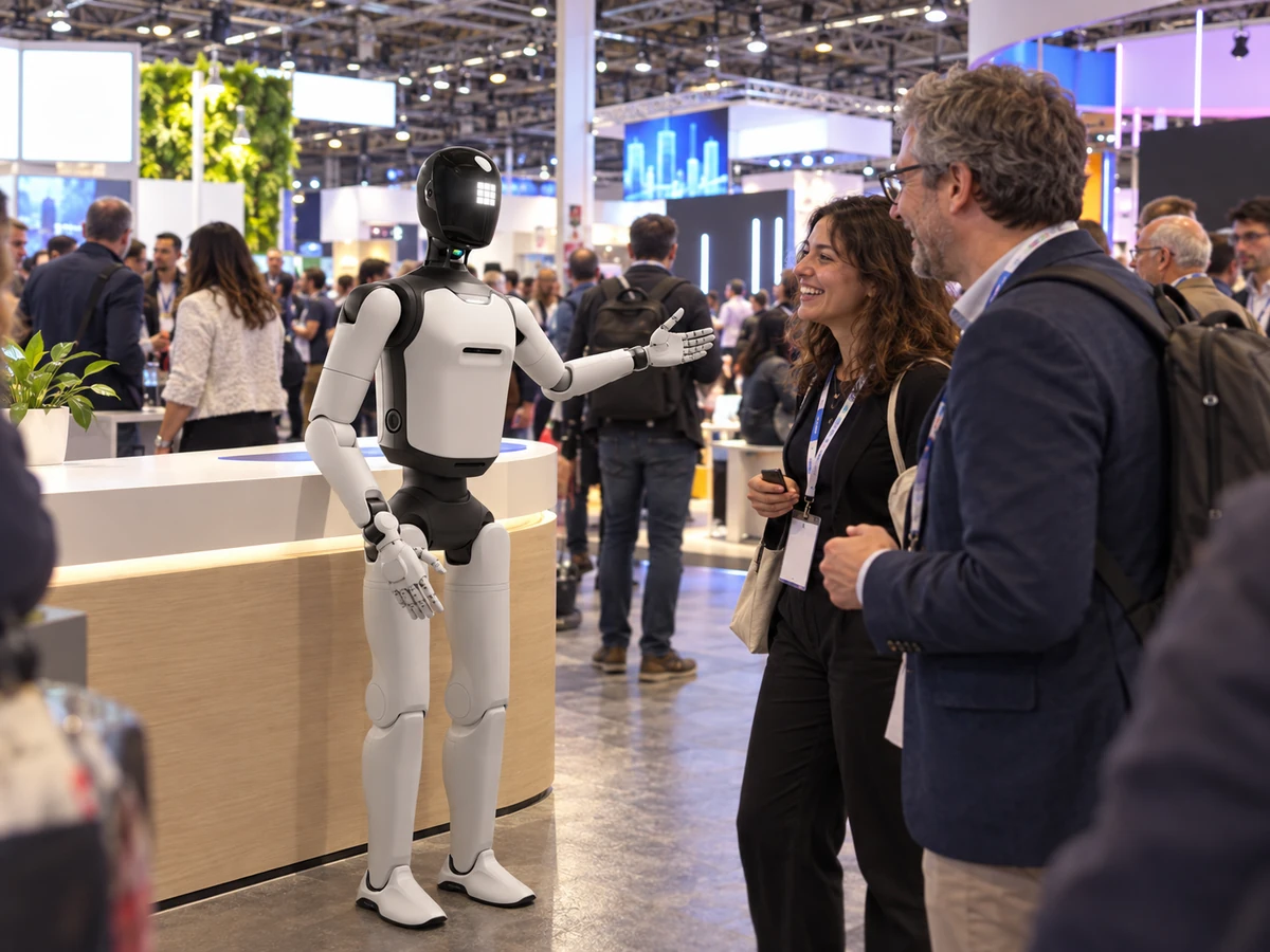Illustration de l’AGIBOT A3 Ultra devant un stand événementiel