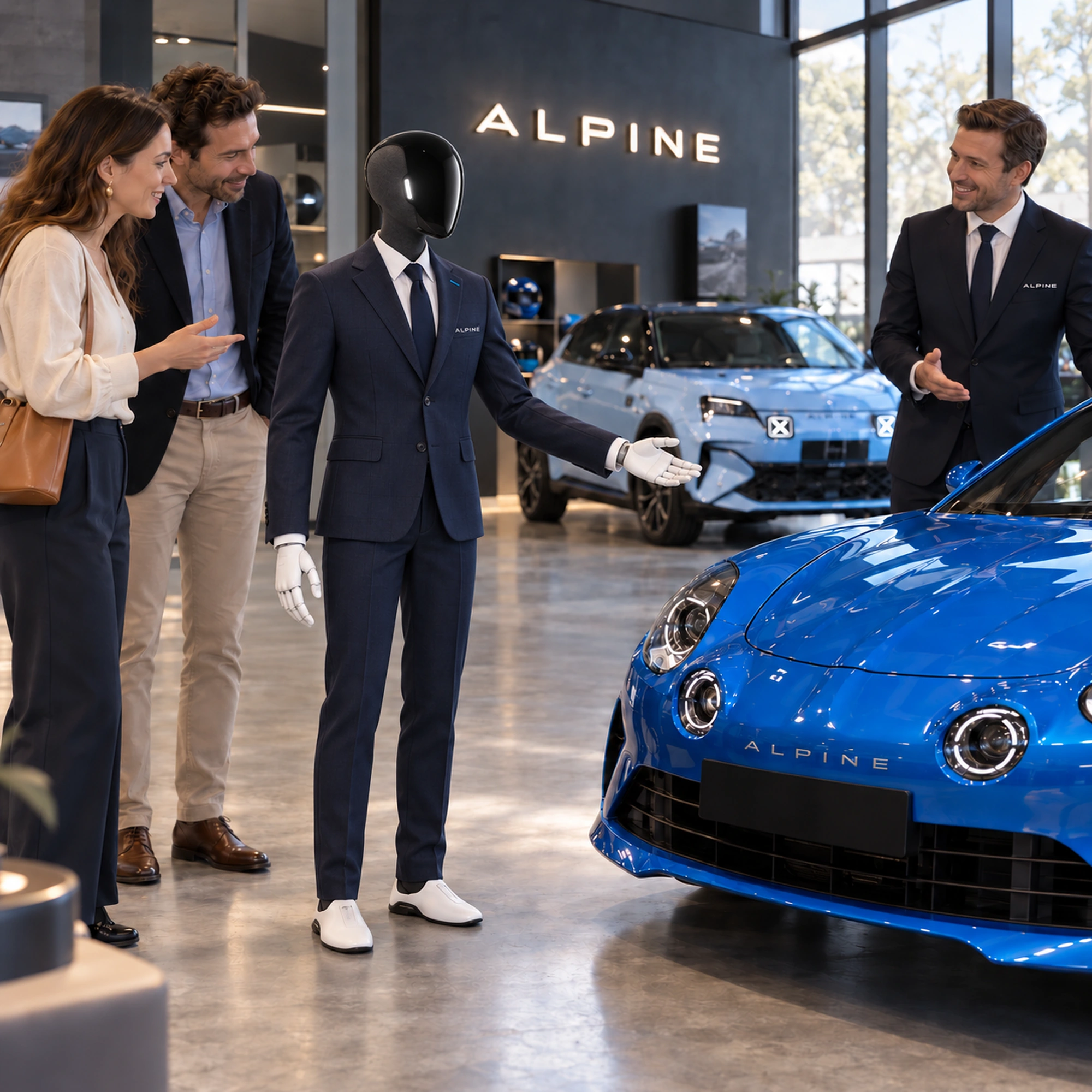 Illustration d’un robot A3 aux couleurs Alpine dans un showroom